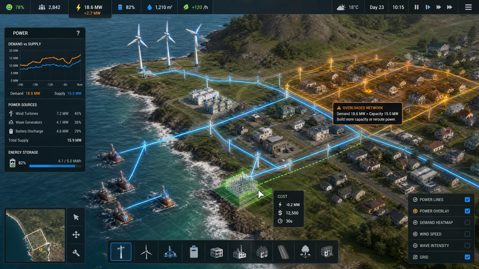Isometric coastal energy city-builder gameplay with houses, turbines, batteries, highlighted power lines, resource HUD and overload warning.