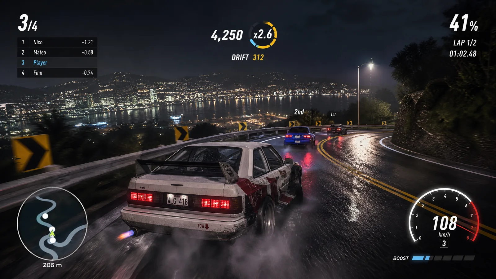 Street-racing gameplay behind a rally coupe drifting on a wet Wellington-style hillside road with racing HUD.