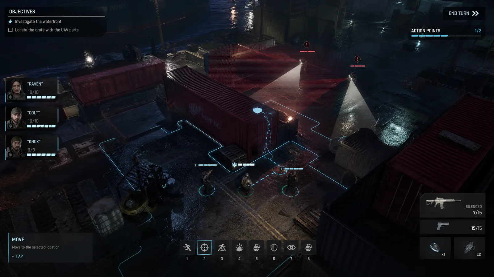 Turn-based squad tactics gameplay in a rainy container harbour with three operatives, cover tiles, patrol cones and action-point HUD.